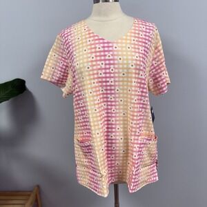 NWT Zoe + Chloe Scrub Top 2X Daisy Picnic Plaid Pink & Yellow Scrubs Nurse RN